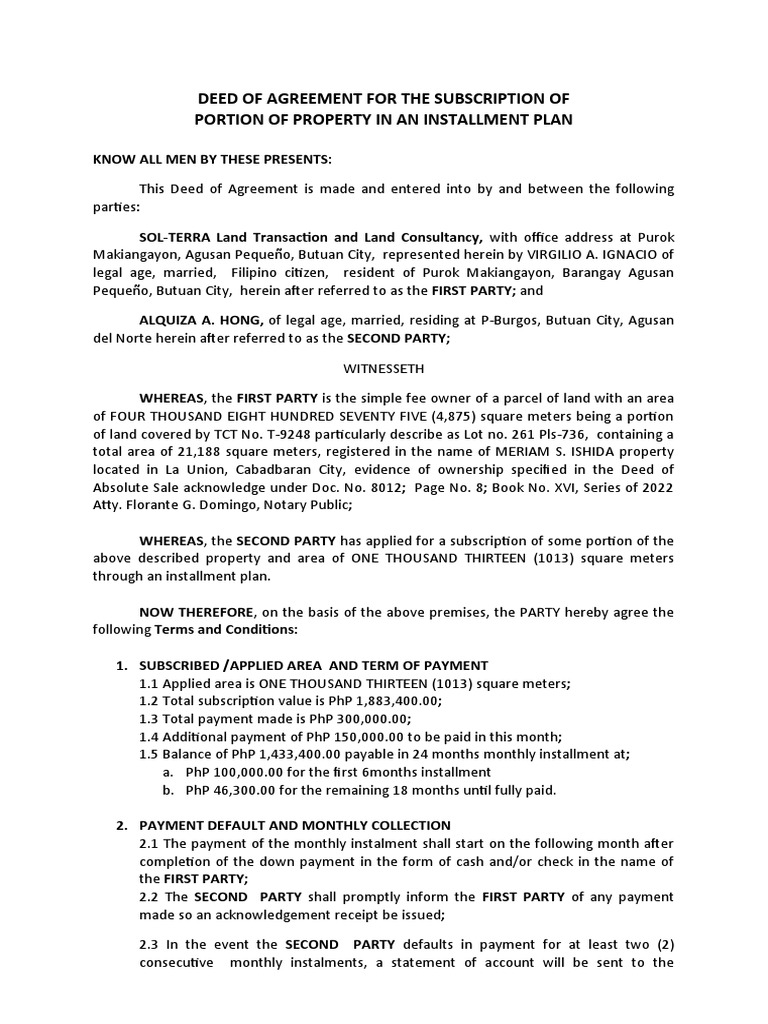 1 Deed of Agreement Installment Plan HONG-COMMERCIAL | PDF