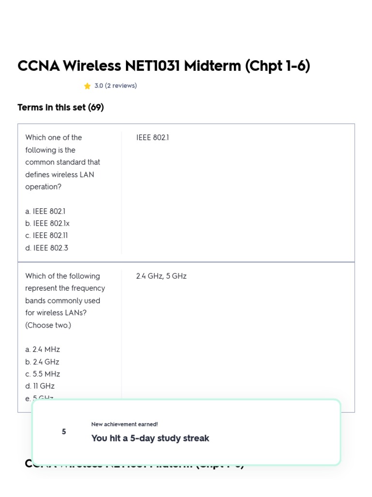 CCNA Wireless NET1031 Midterm (CHPT 16) Flashcards Quizlet PDF Modulation Orthogonal