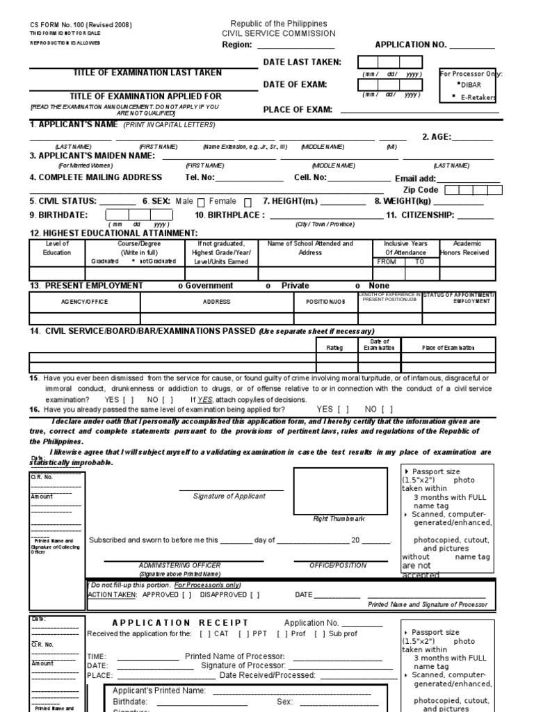 Civil Service Exam Application Form | PDF | Identity Document | Test ...