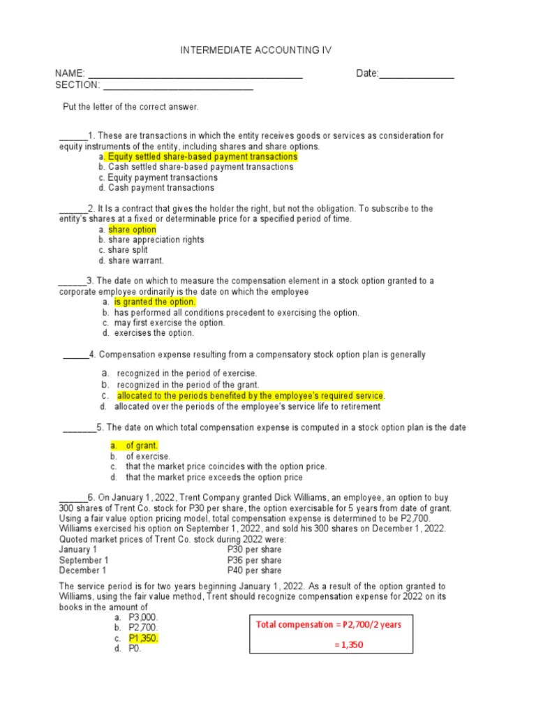 Quiz 1 Share Option Answer Keys PDF Option (Finance) Stocks