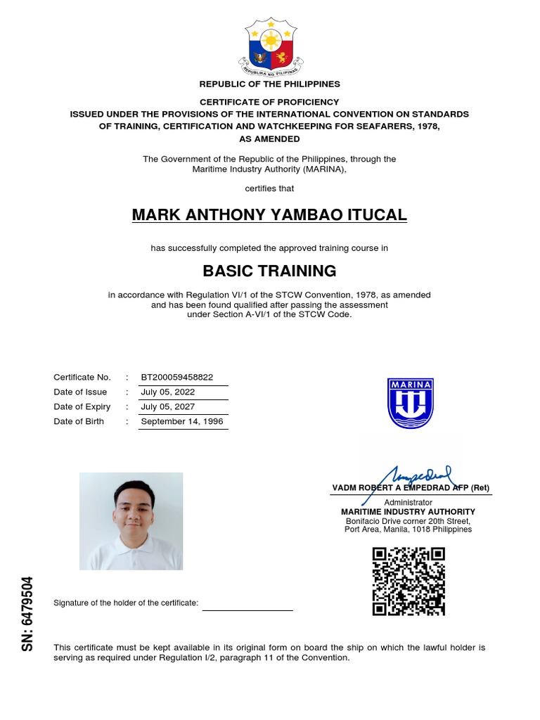 STCW Basic Training Certificate Philippines | PDF