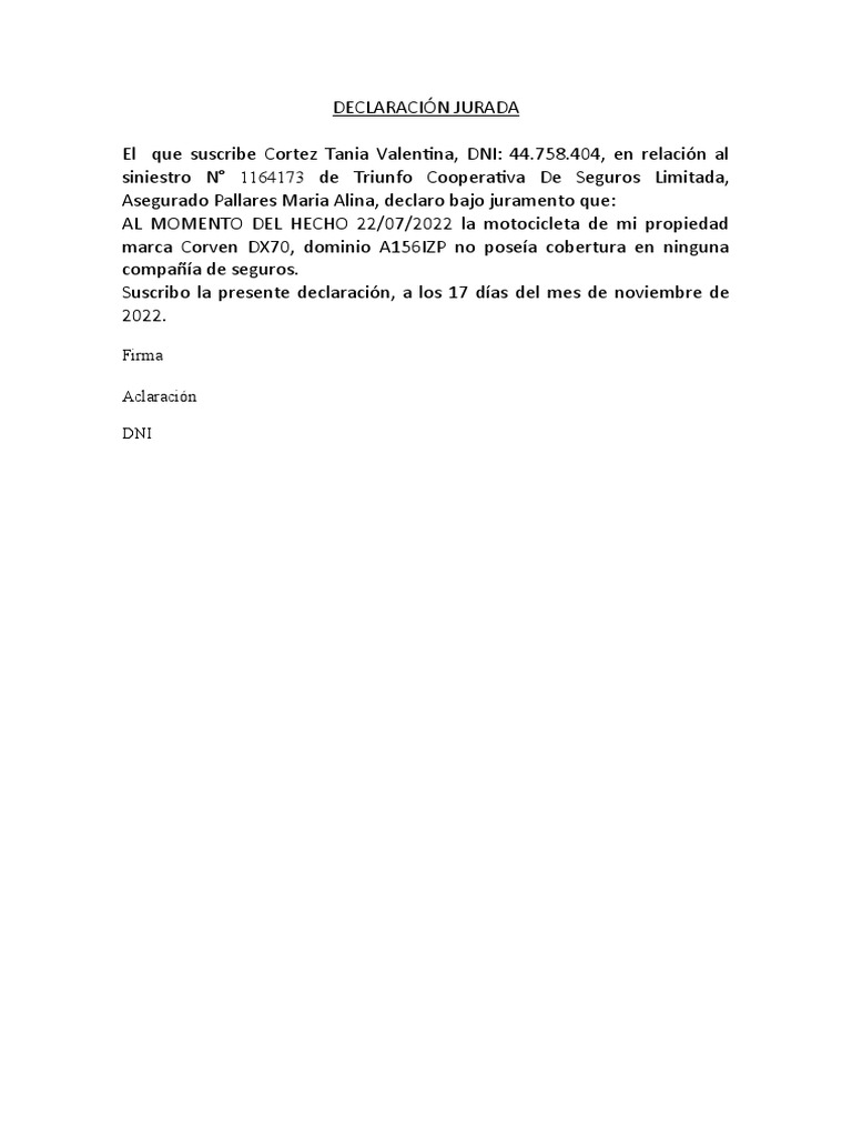 Declaración Jurada de No Seguro | PDF
