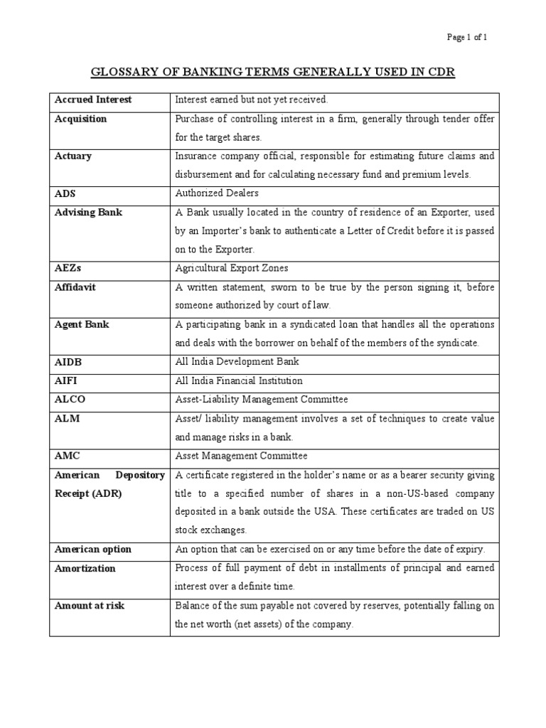 Glossary of Banking Terms Generally Used in CDR: Accrued Interest ...