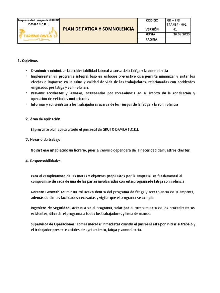 Plan de Fatiga y Somnolencia_GD | PDF | Seguridad y salud ocupacional ...