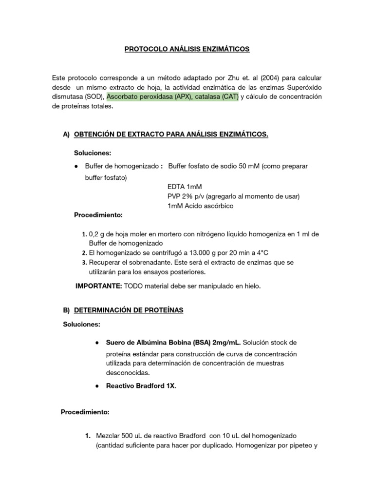 Protocolo de actividad enzimática APX y CAT | PDF