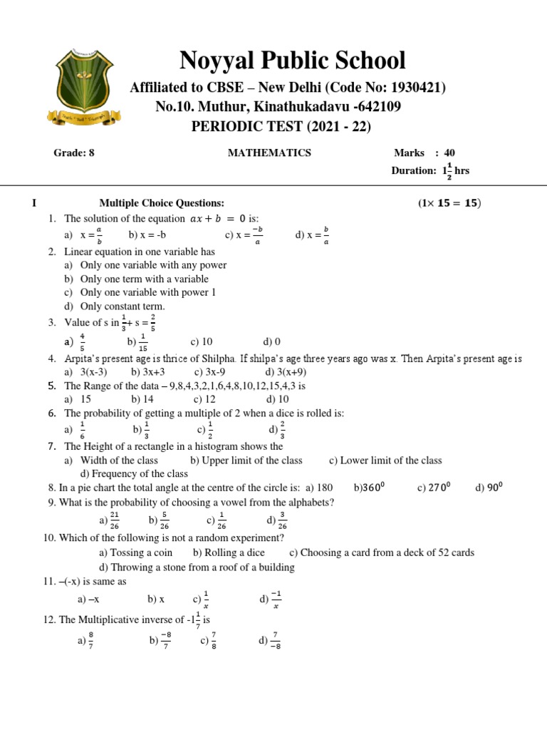 Noyyal Public School Periodic Test Mathematics Grade 8 | PDF | Mathematics
