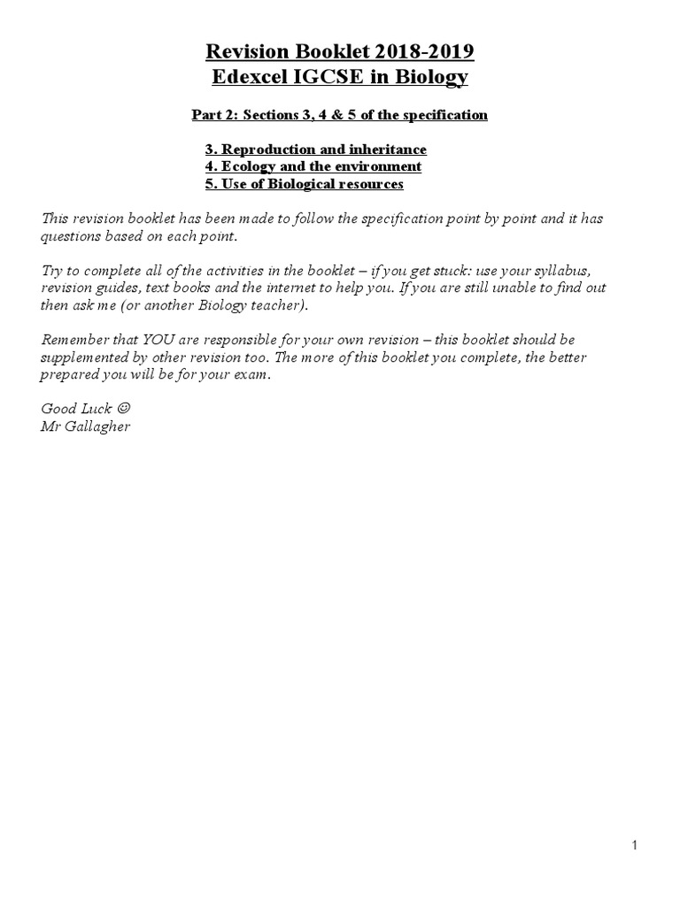 9 1 Igcse Revision Booklet Part 2 2018 2019 Pdf Ploidy
