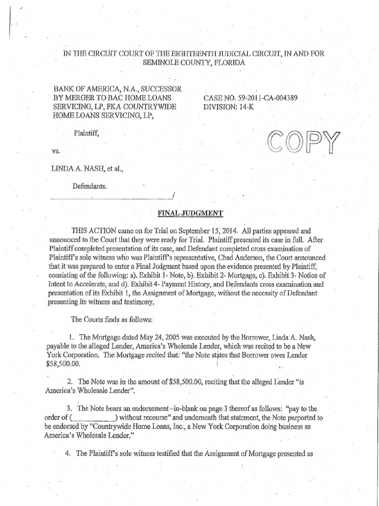 BANA V Nash Final Judgment PDF Mortgage Loan Loans