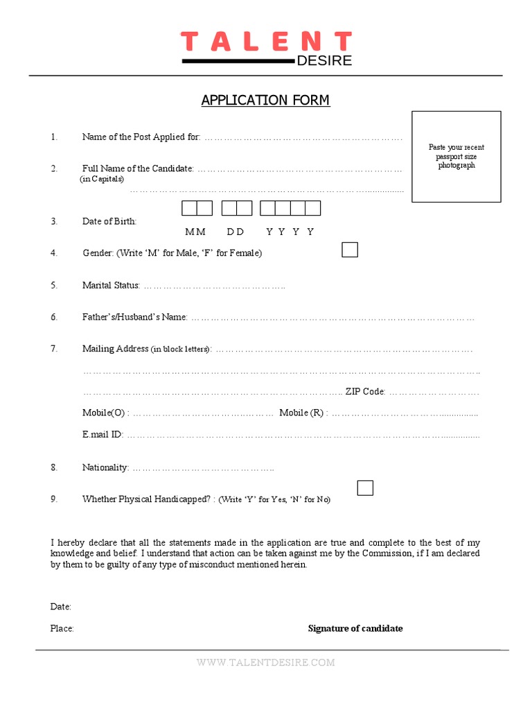 Offline Application Form For Work at Home PDF