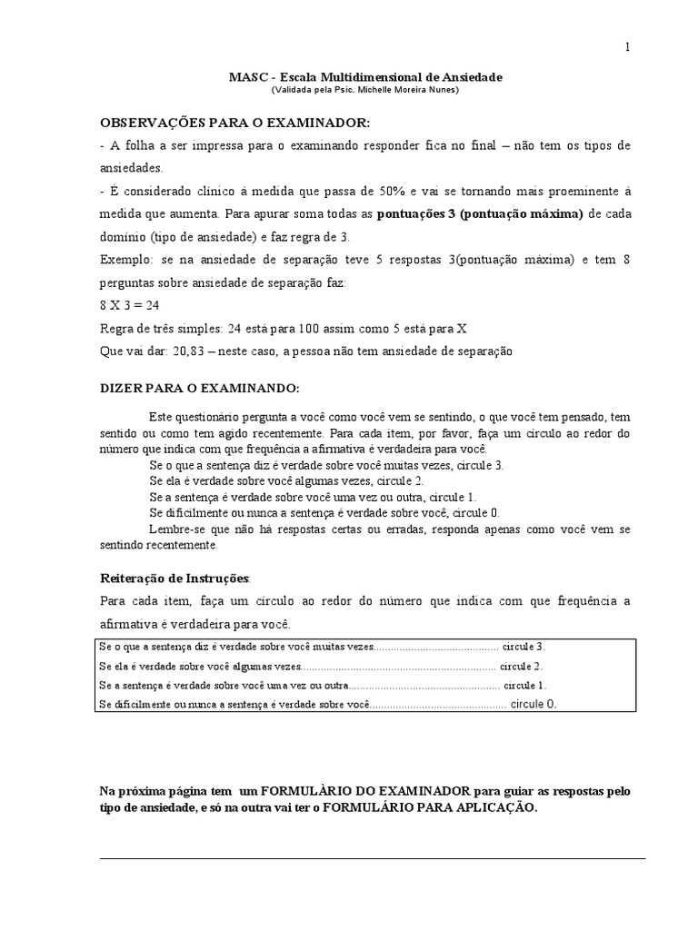 Escala MASC de Ansiedade Infantil | PDF | Ansiedade