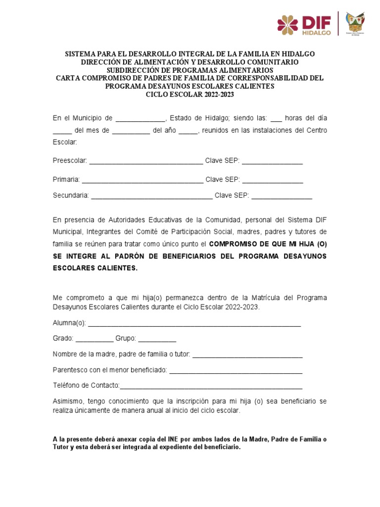 Formato Carta Compromiso para Padres de Familia - 22 | PDF | Ciencias ...