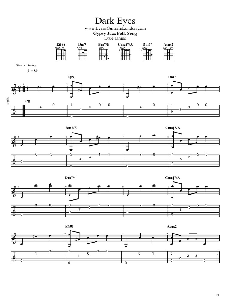 Dark Eyes Gypsy Jazz Folk Song TAB Drue James PDF Popular Music Jazz