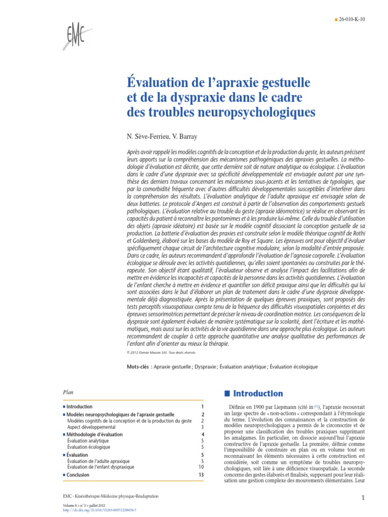 Évaluation de L'apraxie Gestuelle Et de La Dyspraxie Dans Le Cadre Des ...
