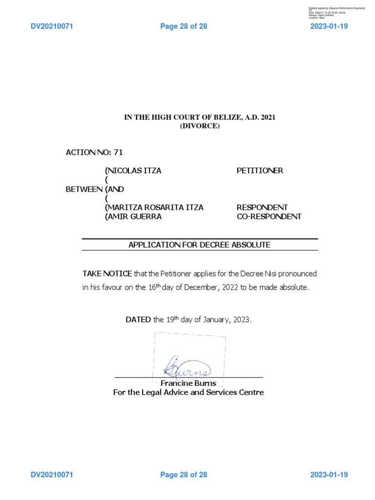 Nicolas Itza Application For Decree Absolute PDF