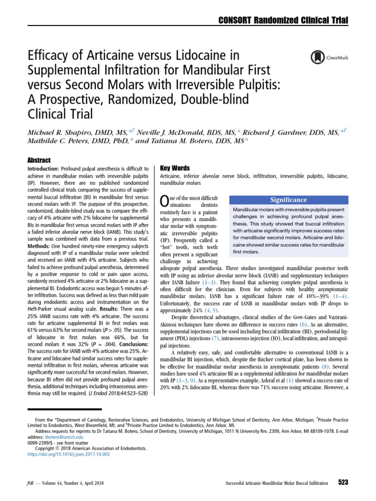 Efficacy of Articaine Versus Lidocaine in Supplemental Infiltration For