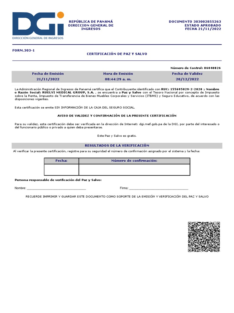 Certificación de Paz y Salvo DGI Panamá | PDF