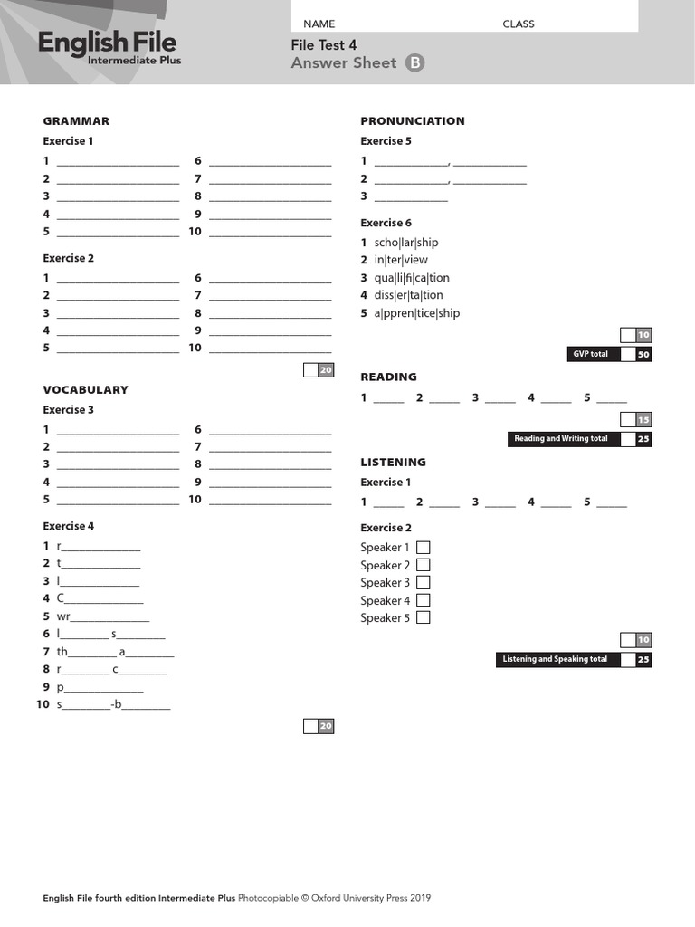 Ef4e Intplus Filetest 4b Answersheet Pdf Linguistics Human