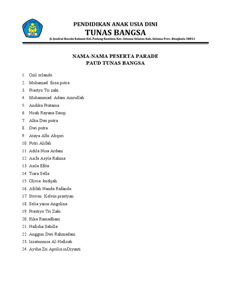 NamaNama Peserta Parade Paud Tunas Bangsa PDF