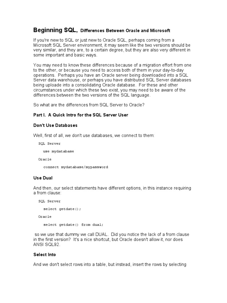 Beginning SQL,: Differences Between Oracle and Microsoft | PDF | Sql ...
