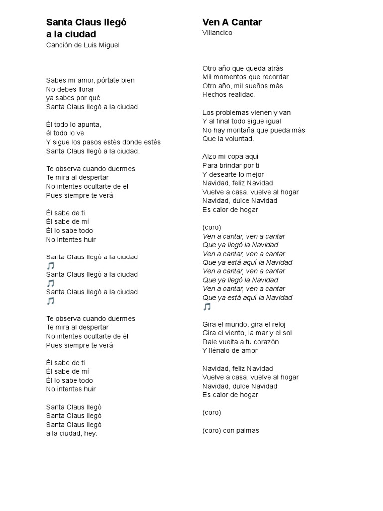 Santa Claus Llegó, Ven A Cantar Letras | PDF
