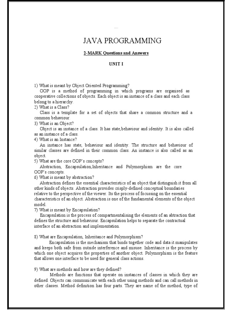 Java 2marks Questions With Answer | PDF | Class (Computer Programming ...