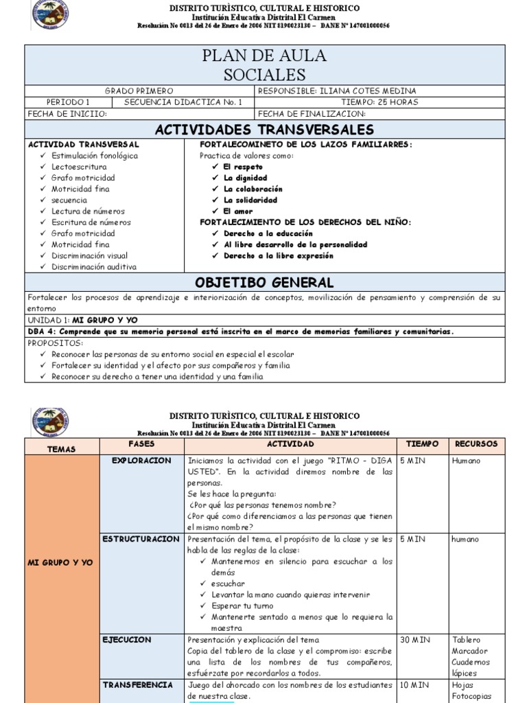 Plan de Aula 1° El Carmen | PDF | Aprendizaje | Cognición