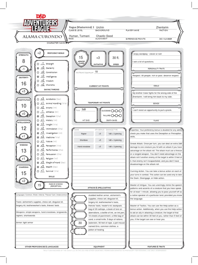 DDOPEN2018 - Gangs of Waterdeep Pregens | PDF