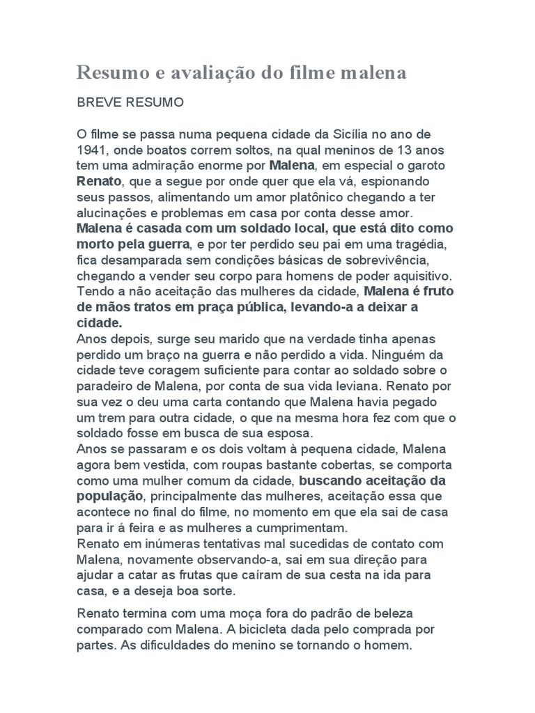 Resumo e Avaliação Do Filme Malena | PDF