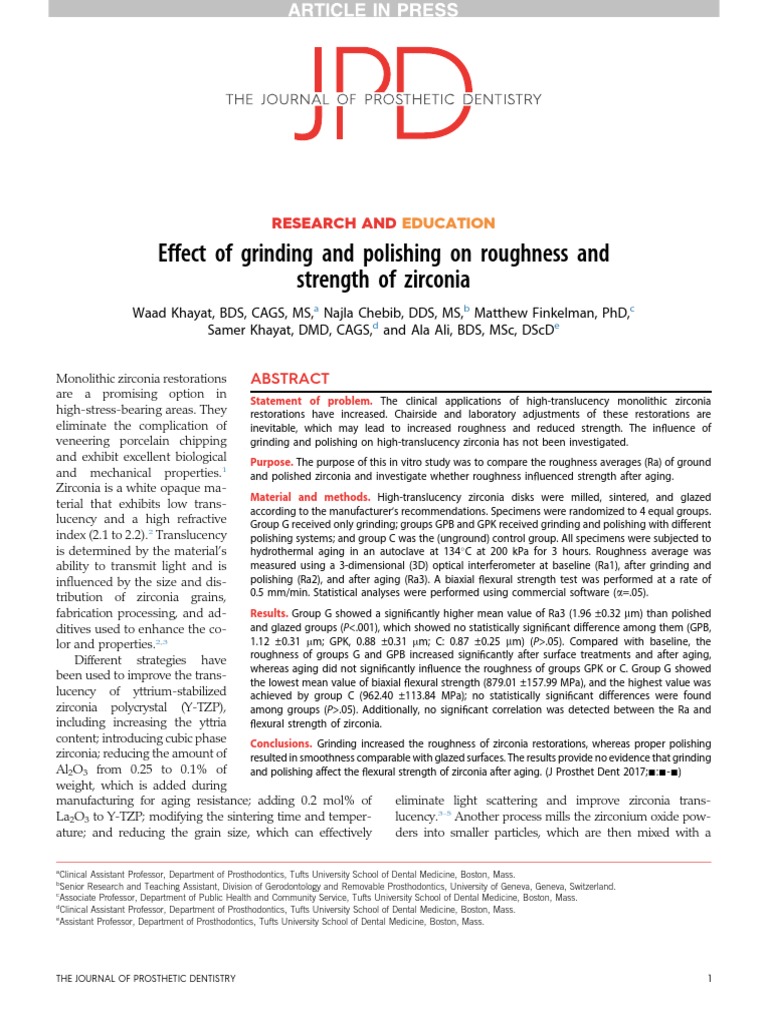 Effect of Grinding and Polishing On Roughness and Strength of Zirconia
