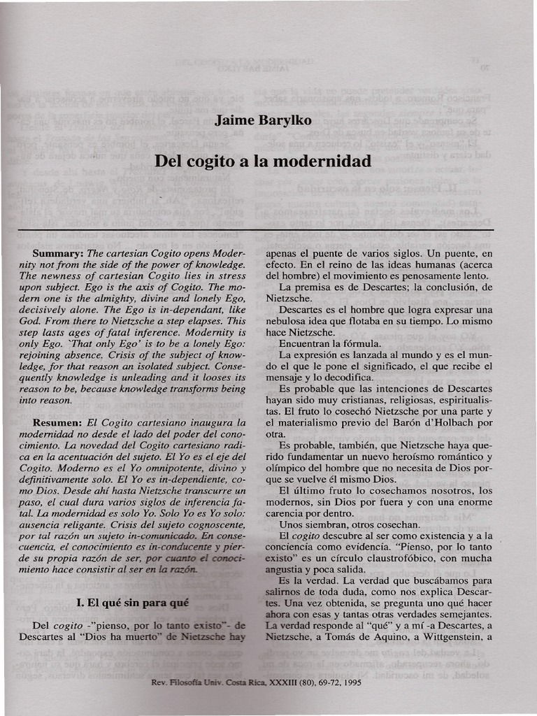 BARYKOL Del Cogito A La Modernidad PDF