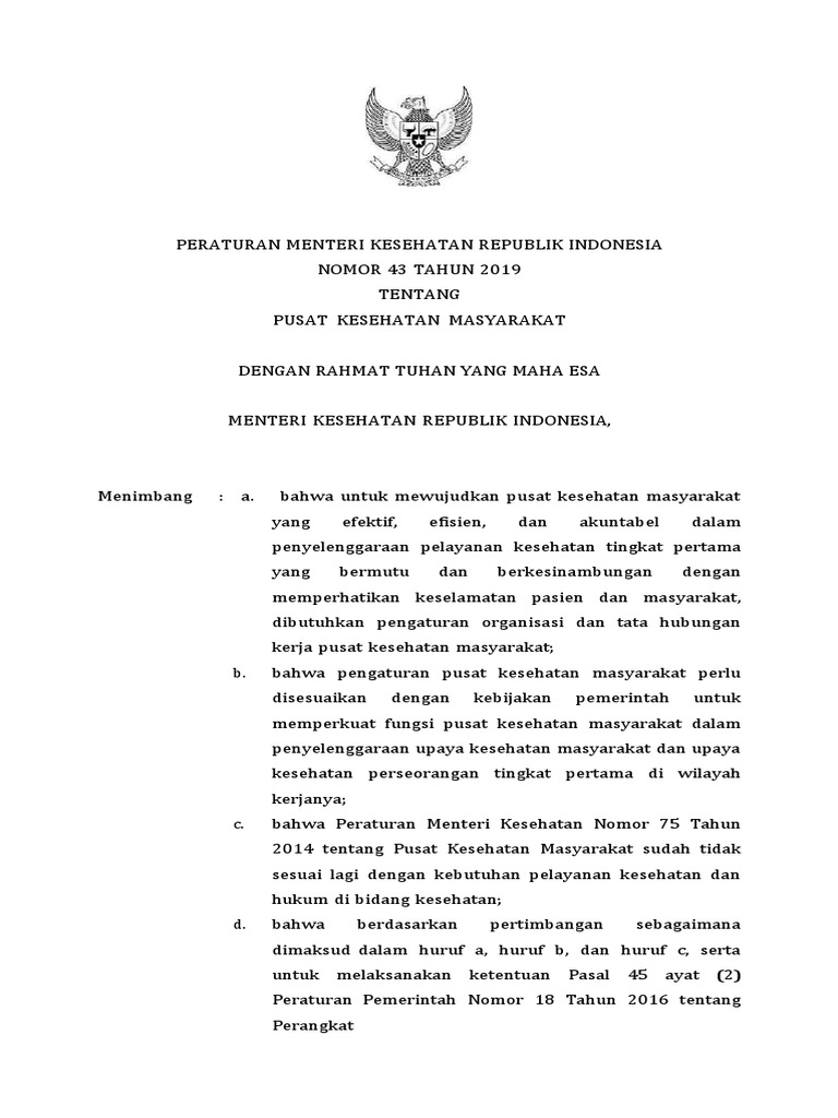 PMK 43 TH 2019 TTG Puskesmas | PDF