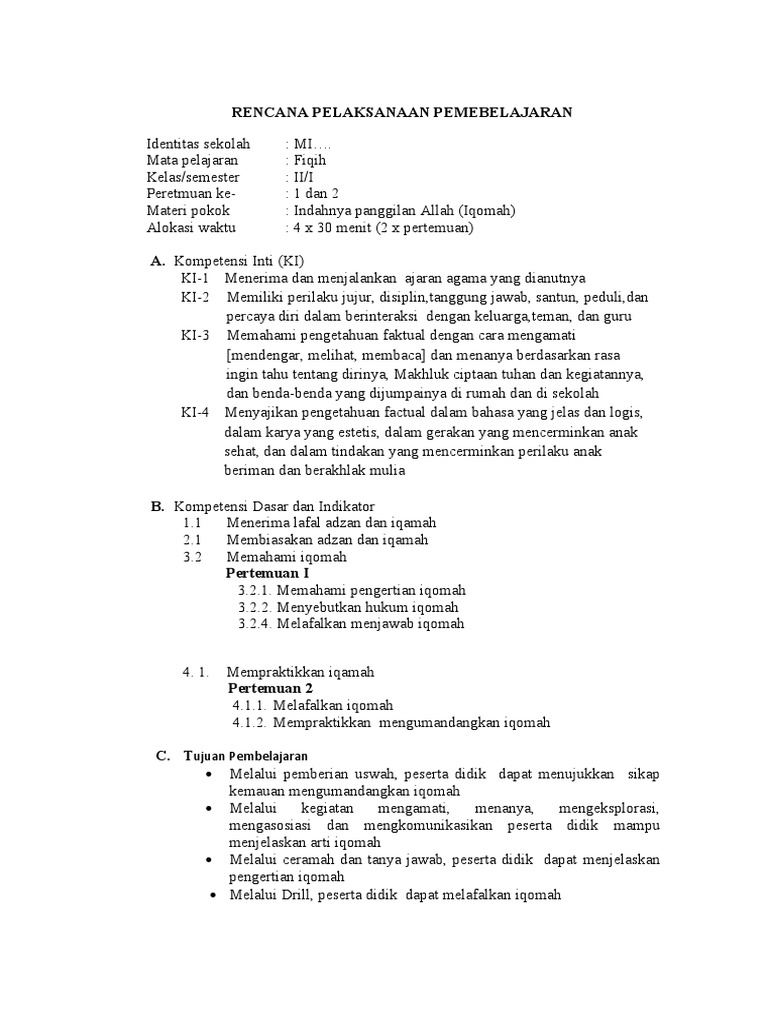 RPP Fiqih Kelas 2: Adzan dan Iqamah | PDF