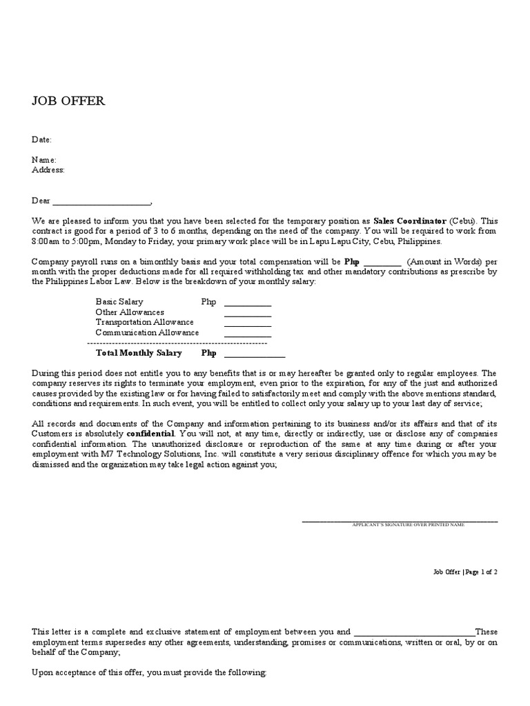 Job Offer for Sales Coordinator Position | PDF | Employment | Salary