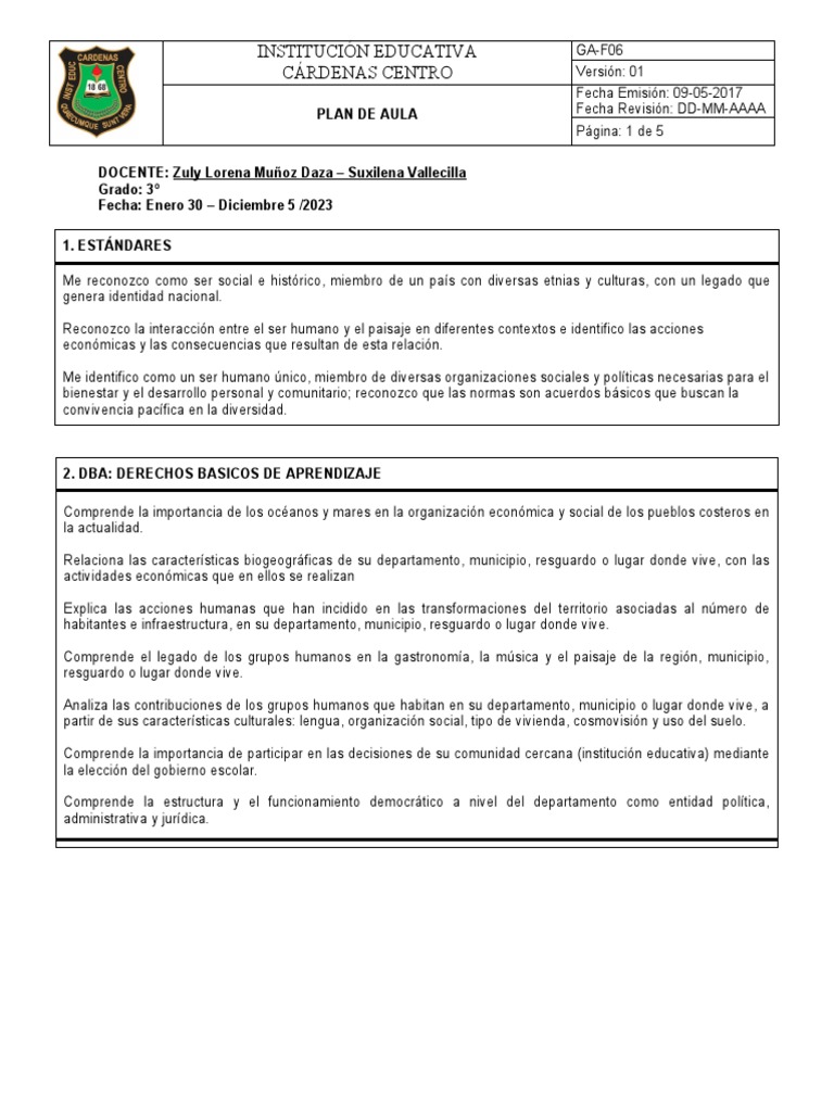 Plan de Aula para 3º Grado 2023 | PDF | Colombia | Salón de clases