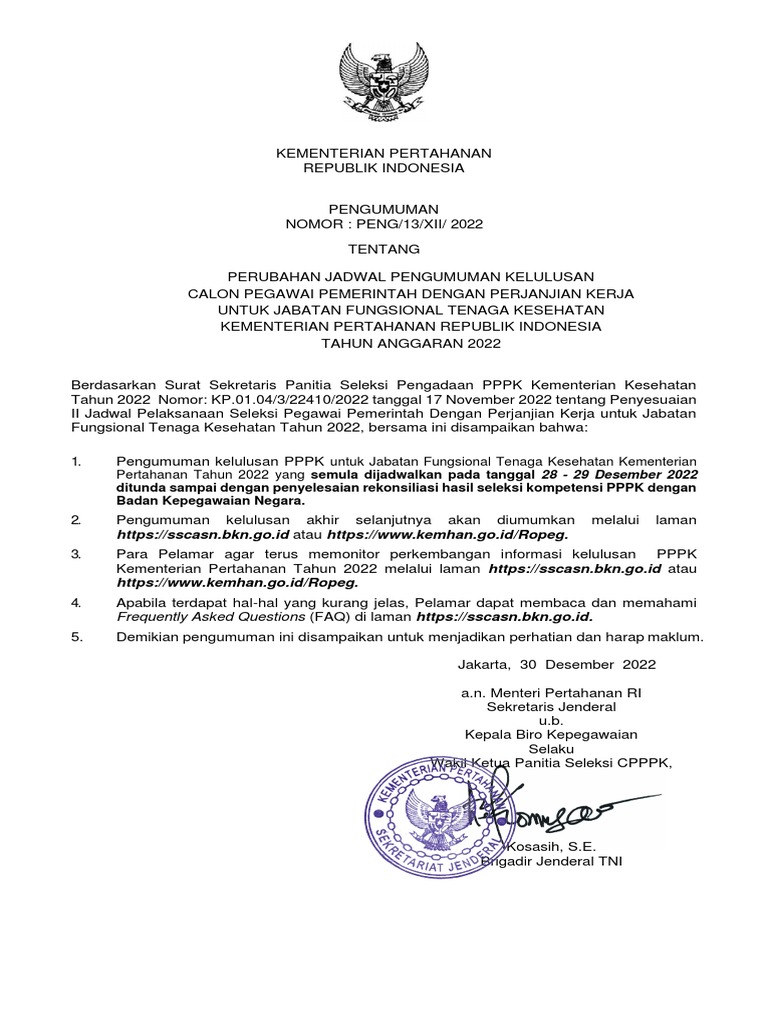 Pengumuman Perubahan Jadwal Pengumuman Kelulusan Pppk Nakes Kemhan 2022