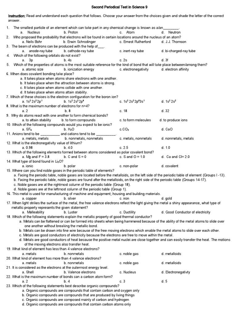 Science 9 Periodical Test Chemistry Concepts Pdf Mole Unit