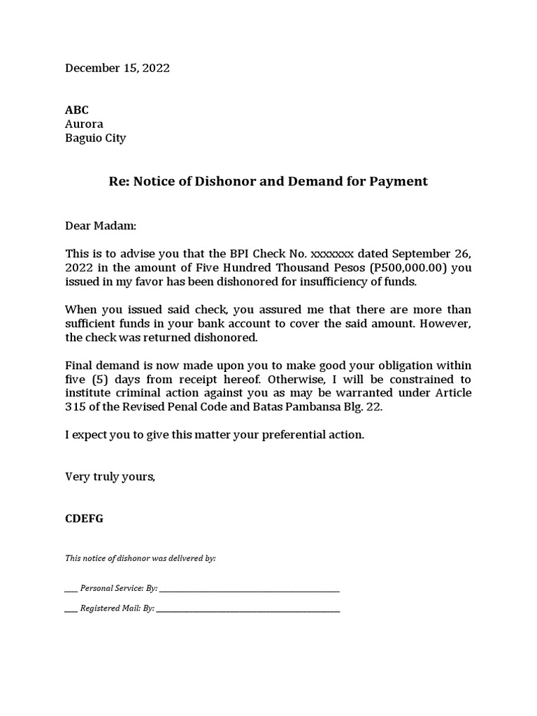 Notice of Dishonored Check and Final Demand for Payment Within Five ...