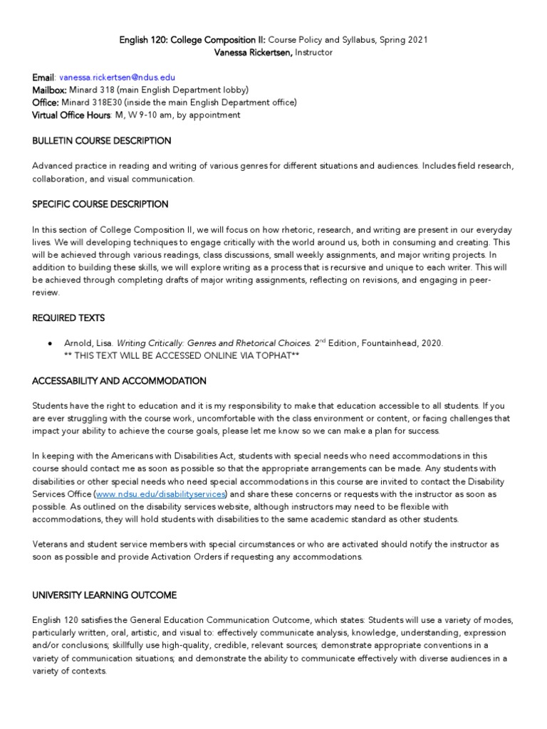 English 120 Syllabus: Composition II Guide | PDF | Academic Dishonesty ...