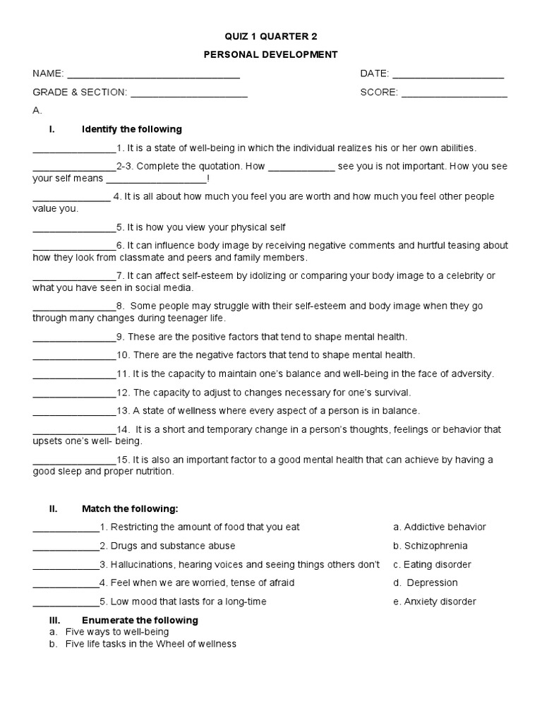 Quiz 1 Quarter 2 Perdev | PDF | Mental Disorder | Self Esteem