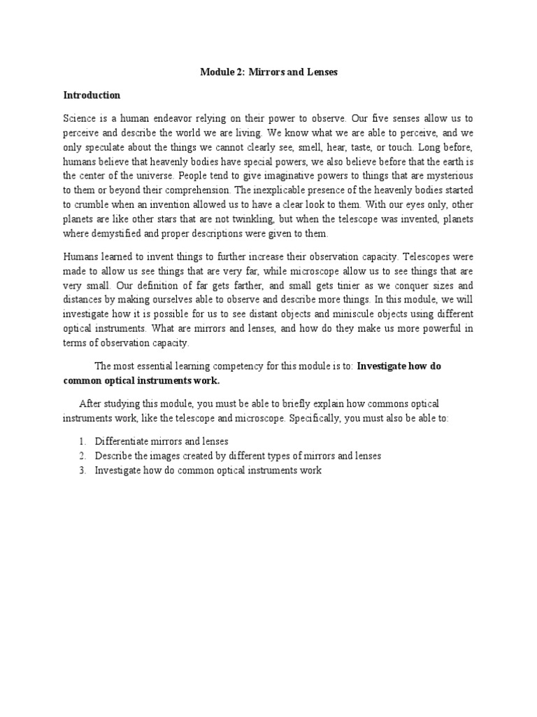 Q2 Module 2 Mirrors and Lenses PDF Mirror Equipment
