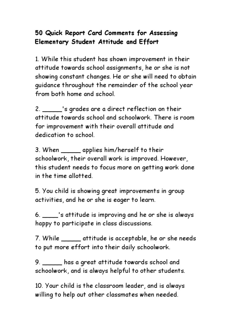 50 Quick Report Card Comments For Assessing Elementary Student Attitude and  Effort | PDF | Classroom | Pedagogy