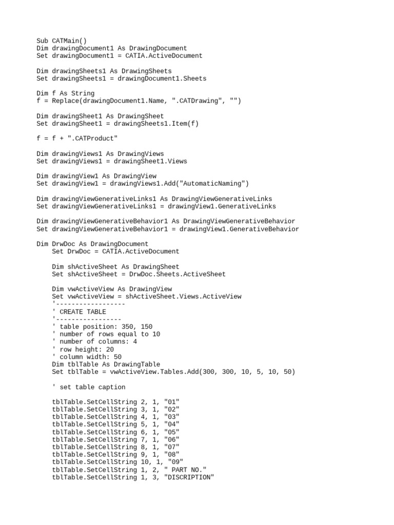 CATIA VBA Script: Drawing Table Creation | PDF | Computer Programming ...