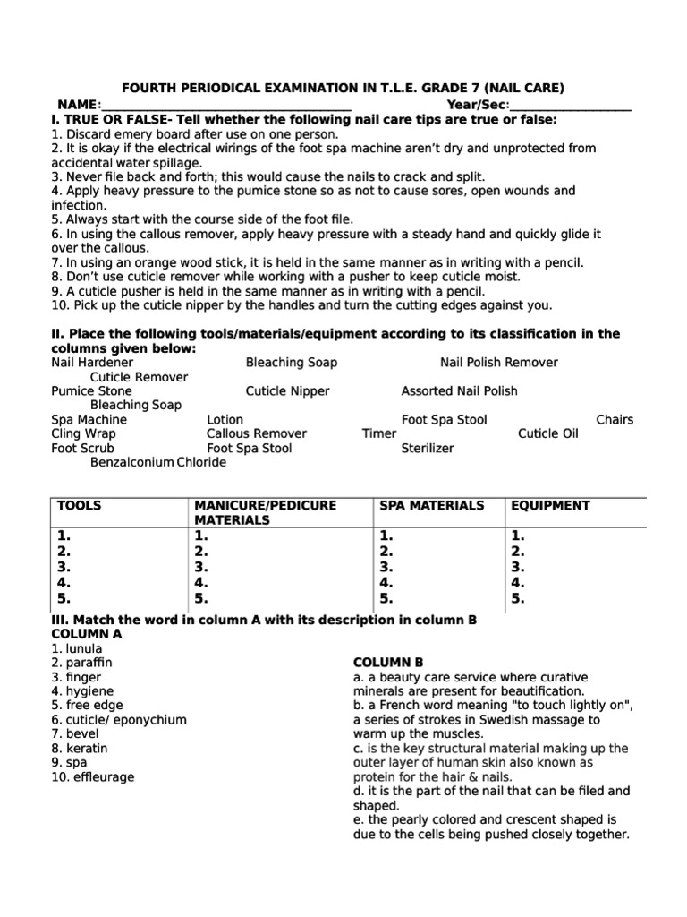 Grade 7 Nail Care Exam Guide | PDF | Nail (Anatomy) | Foot