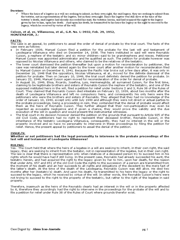 Cuison et al vs villanueva et al g r no l 3932 case digest