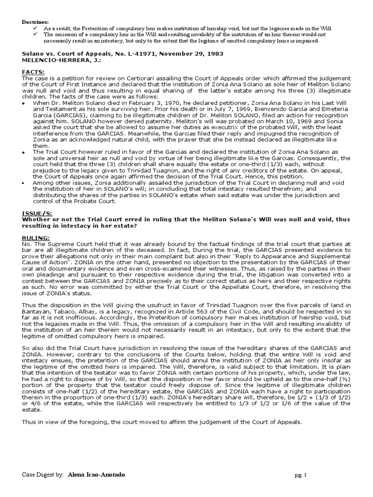 Solano vs. Court of Appeals, No. L-41971 - Case Digest | PDF | Will And  Testament | Intestacy