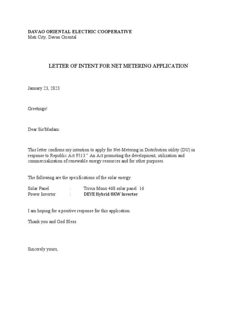 Net Metering Application Intent Letter | PDF