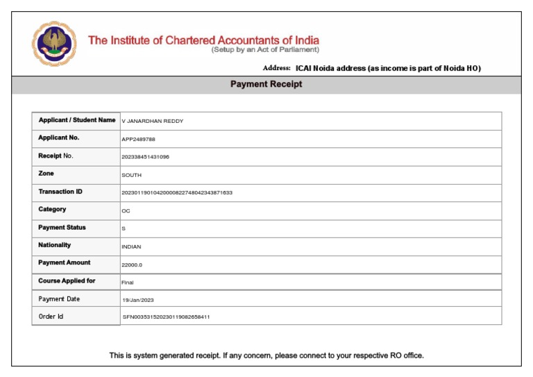 CA Final Payment Receipt | PDF