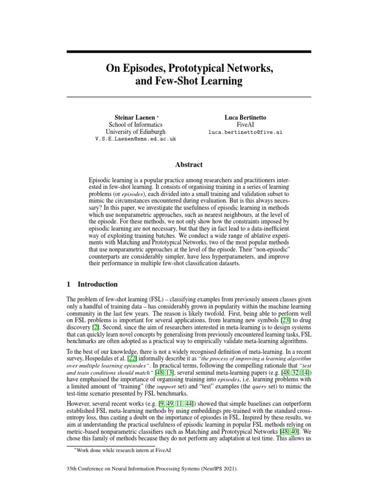 NeurIPS 2021 On Episodes Prototypical Networks and Few Shot Learning