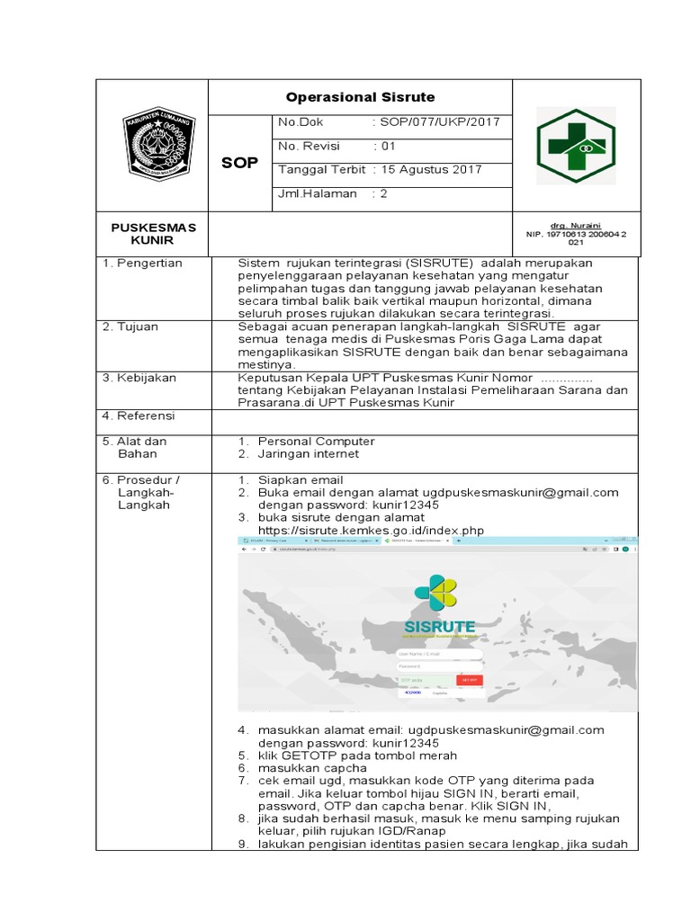 SOP Penggunaan SISRUTE di Puskesmas | PDF