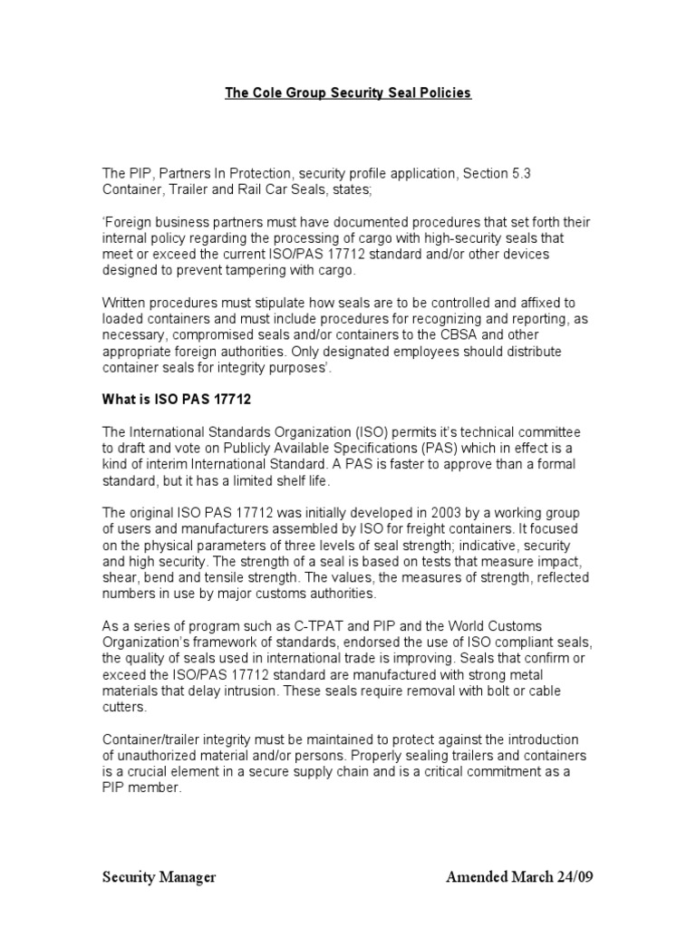 Seal Policies PDF Cargo International Organization For